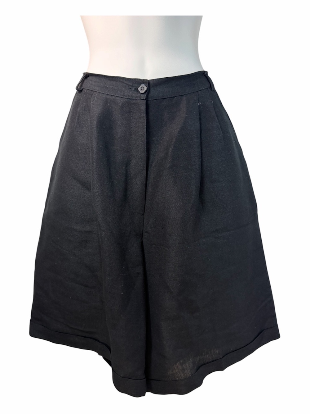 Womens Bermuda Shorts Linen Blend Black High Rise Cuffed Hem Vintage Pleated 12